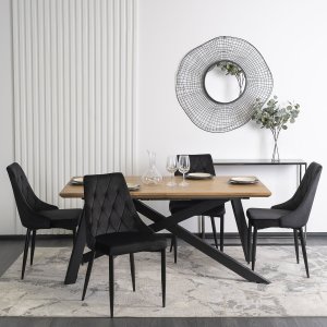 Mebel Elite Zestaw Stół Prostokątny Rozkładany HAMILTON 160-200 cm Dąb złoty/Czarny i 4 Krzesła Tapicerowane CORK Czarne Welurowe Loft 1