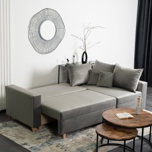 Mebel Elite Narożnik z Funkcją Spania i Pojemnikiem Welurowy MARKUS 238 cm Szary Prawy Nowoczesny 4