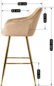 Mebel Elite Krzesło Barowe Tapicerowane Hoker SALEM 2 Beżowe/Złote Welurowe Nowoczesne Glamour 13