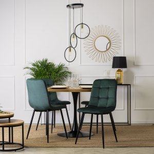 Mebel Elite Zestaw Stół Okrągły LINO 100 cm Dąb Złoty/Czarny i 4 Krzesło Tapicerowane do Jadalni PERU Zielone Welurowe Nowoczesne Loft 1