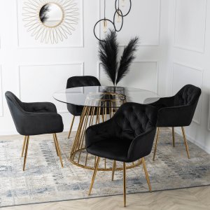 Mebel Elite Zestaw Stół Okrągły Szklany OLIVIER 120 cm i 4 Krzesła Tapicerowane RAYA Czarne Welurowe Glamour 1