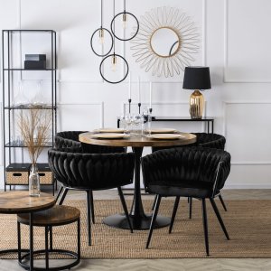 Mebel Elite Zestaw Stół Okrągły LINO 100 cm Dąb Rustykalny/Czarny i 4 Krzesła Tapicerowane Plecione do Salonu EMPOLI Czarne Welurowe 1