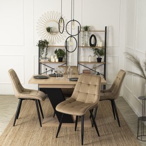 Mebel Elite Zestaw Stół Prostokątny Rozkładany CLARK 120-160 cm Dąb Artisan/Czarny i 4 Krzesła Tapicerowane do Jadalni RIO Beżowe Welurowe 1