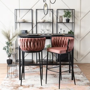Mebel Elite Krzesło Barowe Tapicerowane Plecione Hoker FLORES Różowe Welurowe Nowoczesne Loft 1