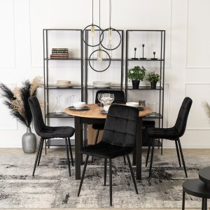 Mebel Elite Zestaw Stół Okrągły Rozkładany JAMES 102-222 cm Dąb Craft/Czarny i 4 Krzesła Tapicerowane PERU Czarne Welurowe 1