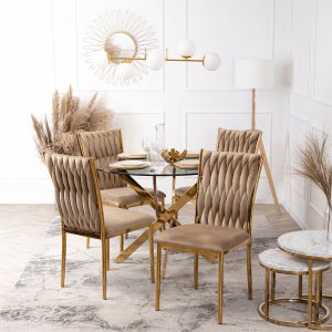 Mebel Elite Zestaw Stół Okrągły SALLO 100 cm i 4 Krzesła Tapicerowane Plecione DAN Beżowe Glamour 1