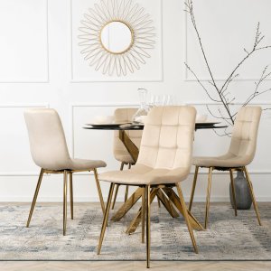 Mebel Elite Zestaw Stół Okrągły SALLO 100 cm i 4 Krzesła Tapicerowane YORK Kremowe Glamour 1