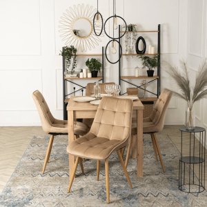 Mebel Elite Zestaw Stół Rozkładany Kwadratowy MAX 80-160 cm Dąb Riviera i 4 Krzesła Tapicerowane RODRI Beżowe Nowoczesne Loft 1