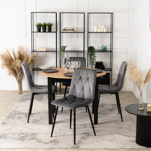 Mebel Elite Zestaw Stół Okrągły Rozkładany JAMES 102-222 cm Dąb Craft/Czarny i 4 Krzesła Tapicerowane do Salonu ROBIN Szare Welurowe 1
