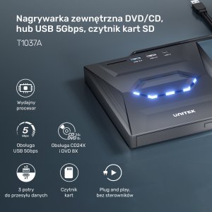 Odtwarzacz DVD Unitek Nagrywarka zewnętrzna DVD/CD, Hub USB 5Gbps, czytnik kart SD 7