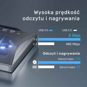Odtwarzacz DVD Unitek Nagrywarka zewnętrzna DVD/CD, Hub USB 5Gbps, czytnik kart SD 9