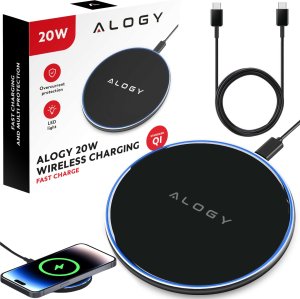 Ładowarka Alogy Ładowarka indukcyjna QI bezprzewodowa 20W szybka LED Alogy okrągła mocna + kabel USB-C Czarna 1