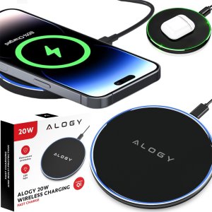 Ładowarka Alogy Ładowarka indukcyjna QI bezprzewodowa 20W szybka LED Alogy okrągła mocna + kabel USB-C Czarna 15