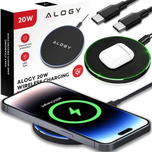 Ładowarka Alogy Ładowarka indukcyjna QI bezprzewodowa 20W szybka LED Alogy okrągła mocna + kabel USB-C Czarna 16
