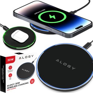 Ładowarka Alogy Ładowarka indukcyjna QI bezprzewodowa 20W szybka LED Alogy okrągła mocna + kabel USB-C Czarna 18