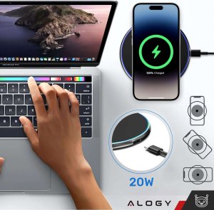 Ładowarka Alogy Ładowarka indukcyjna QI bezprzewodowa 20W szybka LED Alogy okrągła mocna + kabel USB-C Czarna 3