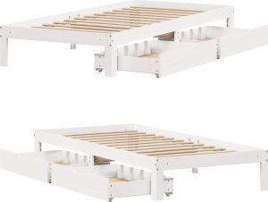 vidaXL Rama łóżka z szufladami, biała, 75x190 cm, lite drewno sosnowe 9
