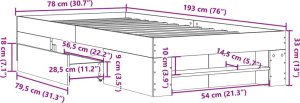 vidaXL Rama łóżka, szary dąb sonoma, 75x190cm, materiał drewnopochodny 11