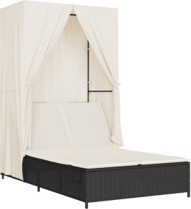 vidaXL Podwójna leżanka z daszkiem i zasłonami, czarny polirattan 2