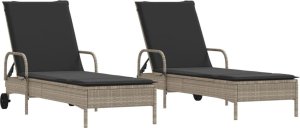 vidaXL Leżaki z poduszkami, 2 szt., jasnoszare, polirattan 2