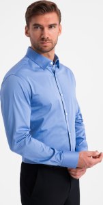 Ombre Klasyczna męska koszula SLIM FIT z satynowej tkaniny  niebieska V2 OM-SHOS-0176 S 1