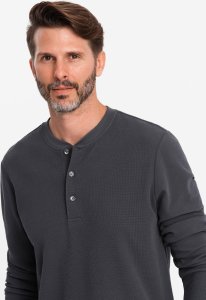 Ombre Męski longsleeve zapinany pod szyją z dzianiny waflowej  grafitowy V3 OM-LSCL-0120 M 2