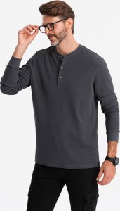 Ombre Męski longsleeve zapinany pod szyją z dzianiny waflowej  grafitowy V3 OM-LSCL-0120 M 3