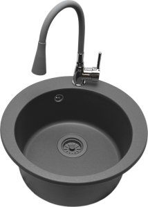 Zlewozmywak PREHNIT Zlewozmywak jednokomorowy VIVA szary + bateria flex LAGUNA 1
