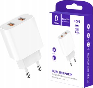 Ładowarka . ŁADOWARKA SIECIOWA 2.4A BIAŁA DENMEN 2XUSB 2400mA DC05 12W SINGLE 1