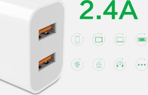 Ładowarka . ŁADOWARKA SIECIOWA 2.4A BIAŁA DENMEN 2XUSB 2400mA DC05 12W SINGLE 5