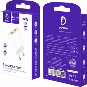 Ładowarka . ŁADOWARKA SIECIOWA 2.4A BIAŁA DENMEN 2XUSB 2400mA DC05 12W SINGLE 8