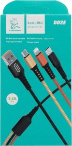 Kabel USB . KABEL USB 3W1 DENMEN KOLOR 2,4A 1M WZMACNIANY OPLOT D02E 4
