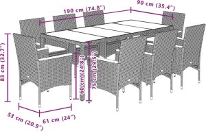 vidaXL 9-cz. zestaw mebli ogrodowych z poduszkami, czarny, polirattan 7