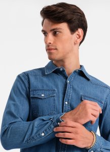 Ombre Koszula męska jeansowa na zatrzaski z kieszonkami - niebieska V2 OM-SHDS-0115 XXL 1