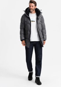 Kurtka męska Ombre Długa kurtka męska puffer z zapinanymi kieszeniami  grafitowa V1 OM-JALJ-0186 XL 4