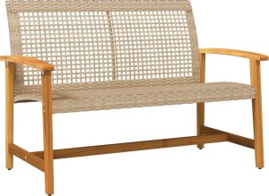 vidaXL Ławka ogrodowa, beżowa, 112 cm, polirattan i drewno akacjowe 2
