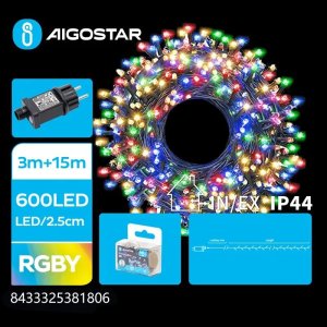 Dekoracja świąteczna Aigostar  Niskonapięciowe lampki choinkowe zewnętrzne z flashem 600led RGBY, 15 m+3 Niskonapięciowe lampki choinkowe zewnętrzne z flashem 600led RGBY, 15 m+3 1
