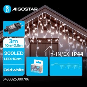 Dekoracja świąteczna Aigostar  Niskonapięciowe zewnętrzne lampki sople 200 led Zimna biel, 10m Niskonapięciowe zewnętrzne lampki sople 200 led Zimna biel, 10m 1