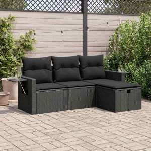 vidaXL vidaXL 4-cz. zestaw wypoczynkowy do ogrodu, poduszki, czarny rattan PE 1