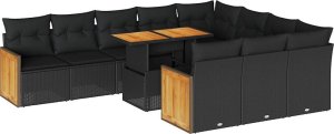 vidaXL 11-cz. zestaw mebli z poduszkami, czarny, polirattan i akacja 2