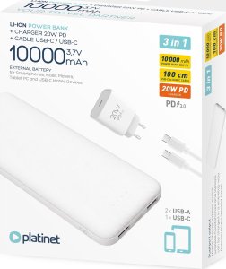 Powerbank Platinet Powerbank 10000mAh + ładowarka sieciowa 230V USB-C 20W + kabel USB-C -> USB-C 1m PLATINET biały (45998) 2