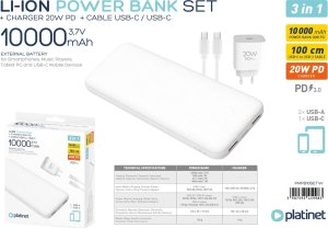 Powerbank Platinet Powerbank 10000mAh + ładowarka sieciowa 230V USB-C 20W + kabel USB-C -> USB-C 1m PLATINET biały (45998) 3