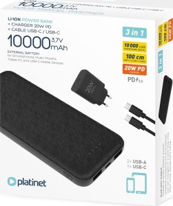 Powerbank Platinet Powerbank 10000mAh + ładowarka sieciowa 230V USB-C 20W + kabel USB-C -> USB-C 1m PLATINET czarny (45993) 2