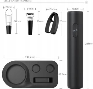 ELEKTRYCZNY KORKOCIĄG OTWIERACZ DO BUTELEK WINA, CZARNY ZESTAW NA PREZENT 8