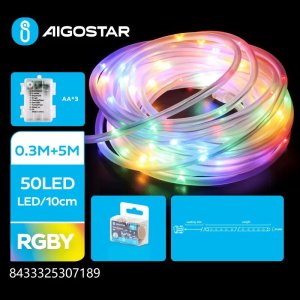 Aigostar  Wężyk led 5mb kolorowy sznur 50 led RGBY 5mm na baterie 8 funkcji Wężyk led 5mb kolorowy sznur 50 led RGBY 5mm na baterie 8 funkcji 1