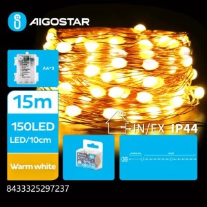 Lampki choinkowe Aigostar  Lampki choinkowe 150 led na 3 baterie AA  Ciepła biel15m Lampki choinkowe 150 led na 3 baterie AA  Ciepła biel15m 1