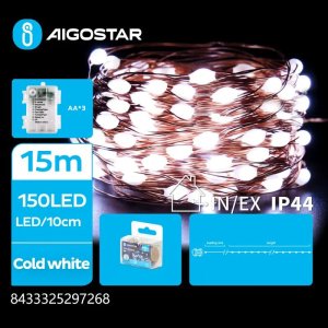 Lampki choinkowe Aigostar  Lampki choinkowe 150 LED na 3 baterie AA z drutu miedzianego, Zimna biel, 15m Lampki choinkowe 150 LED na 3 baterie AA z drutu miedzianego, Zimna biel, 15m 1