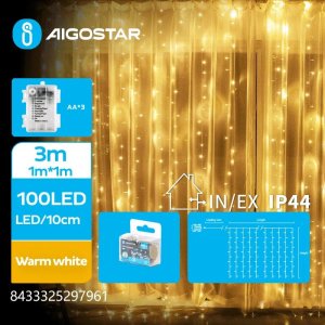 Lampki choinkowe Aigostar  Lampki choinkowe kurtyna 100 led na 3 baterie AA, Ciepła biel, 1m x1m Lampki choinkowe kurtyna 100 led na 3 baterie AA, Ciepła biel, 1m x1m 1