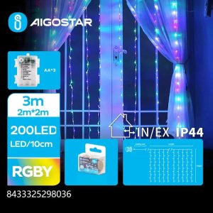 Lampki choinkowe Aigostar  Lampki choinkowe kurtyna 200 led na 3 baterie AA,multikolor 2m * 2m Lampki choinkowe kurtyna led na 3 baterie AA,multikolor 2m * 2m 1