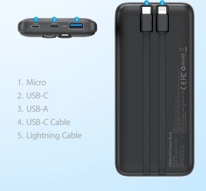 Powerbank Choetech Powerbank Choetech B654 10000mAh 22.5W USB-A / USB-C / micro USB z wbudowanym kablem USB-C / Lightning - czarny 6